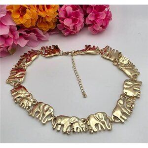Gold Tone Elephant Panel Link Necklace Mother Baby Crystal Eyes 18" Adj